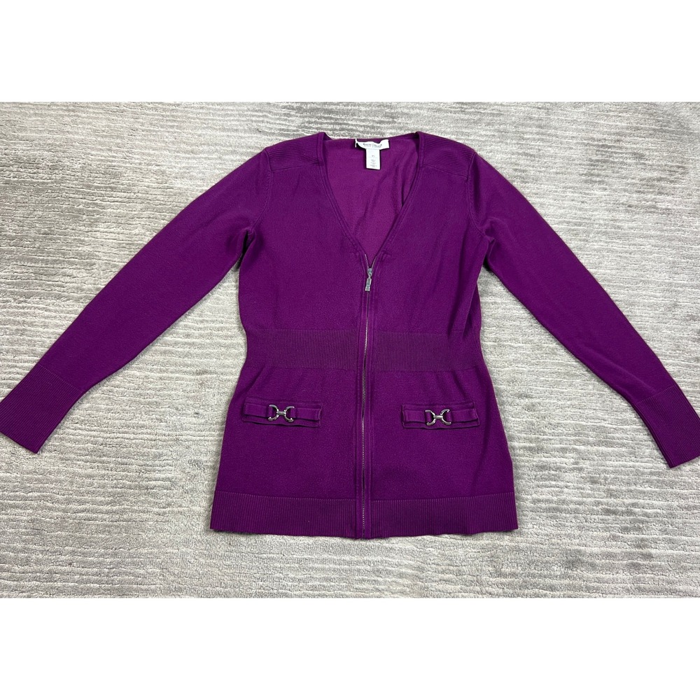 White House Black Market Cardigan Women XS Purple Zip Up Horsebit V-Neck Ribbed